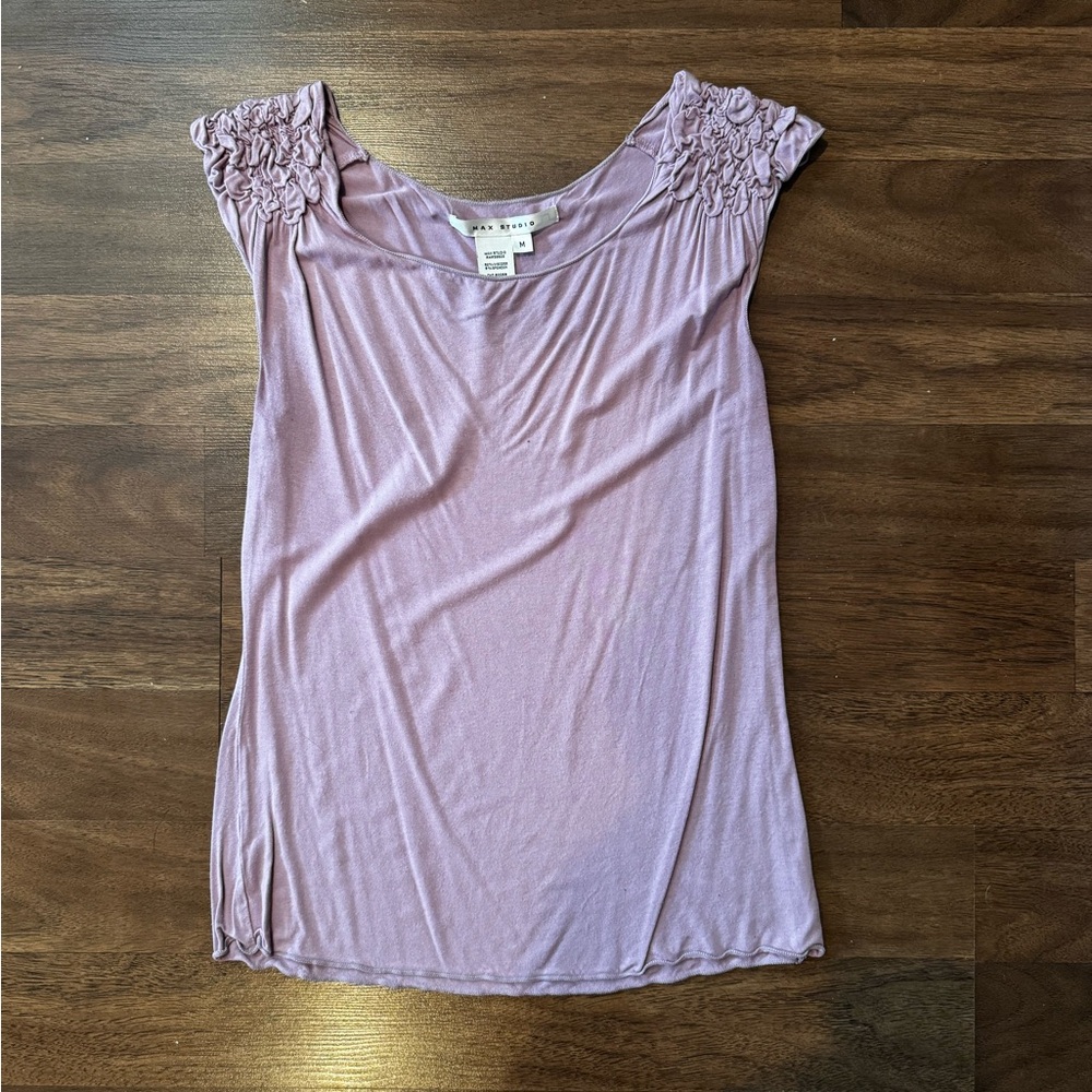 Max Studio Women's Light Purple Top with Ruffle Floral Shoulder Detail